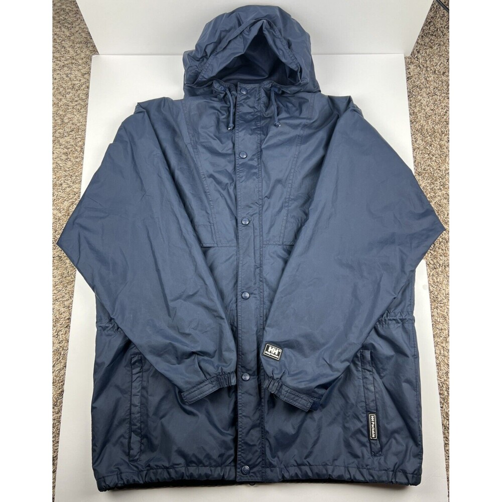 Helly Hansen Packable Rain Jacket Wind Breaker Navy Blue XL Hooded Zip Snap